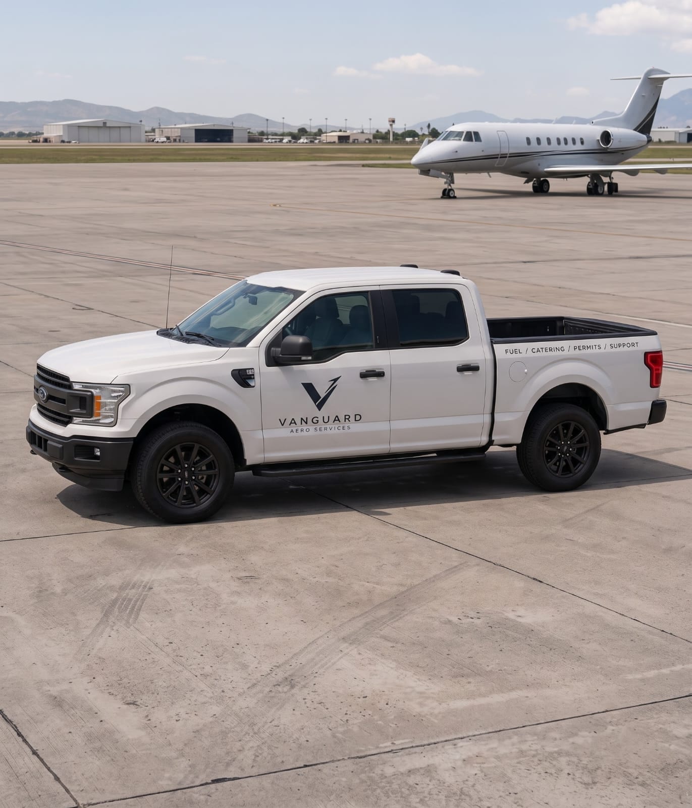 Camioneta de Vanguard Aero Services en plataforma junto a un jet ejecutivo